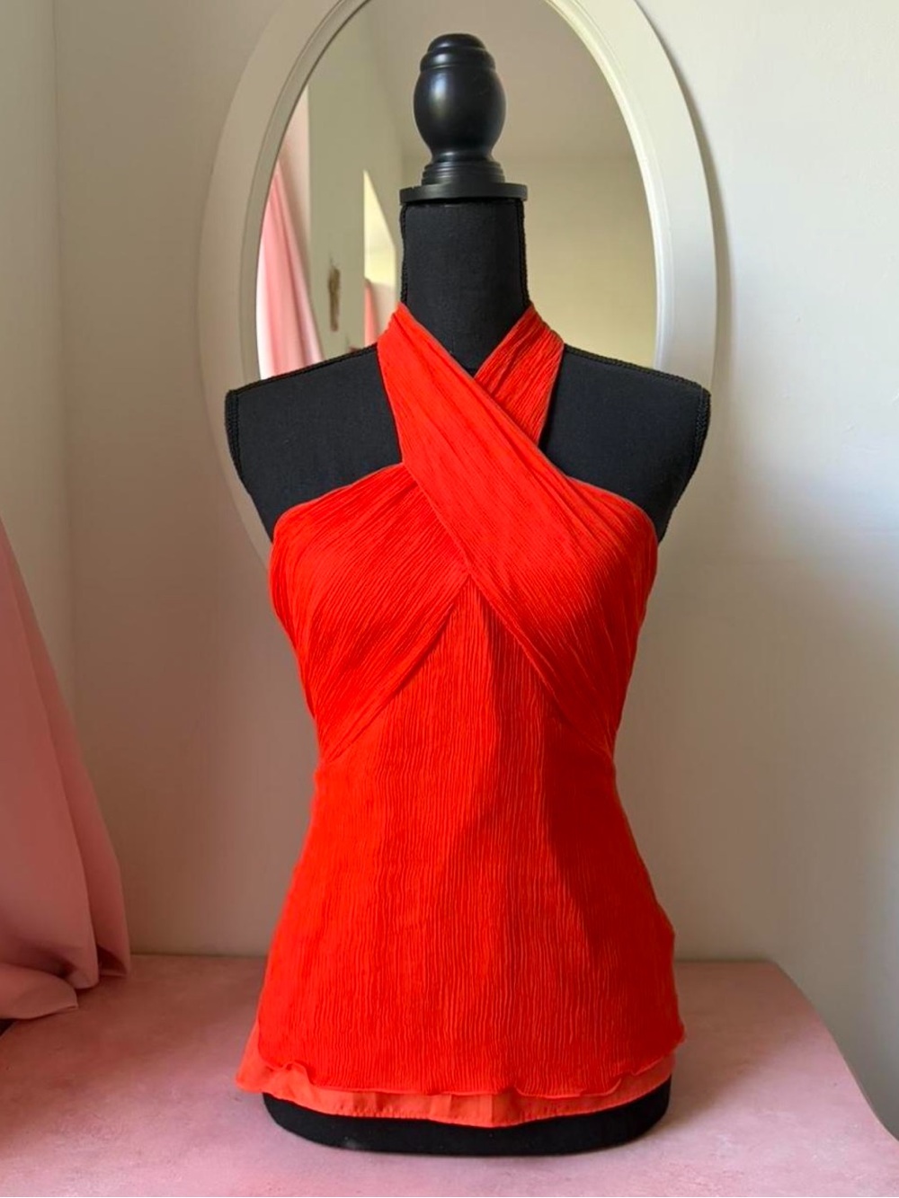 Armani Exchange Coral One-Shoulder Silk Pleated Top